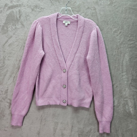 ON 34th Sweater Womens Small Lilac Cardigan Rhinestone Button Puff Sleeve Knit - Picture 1 of 7